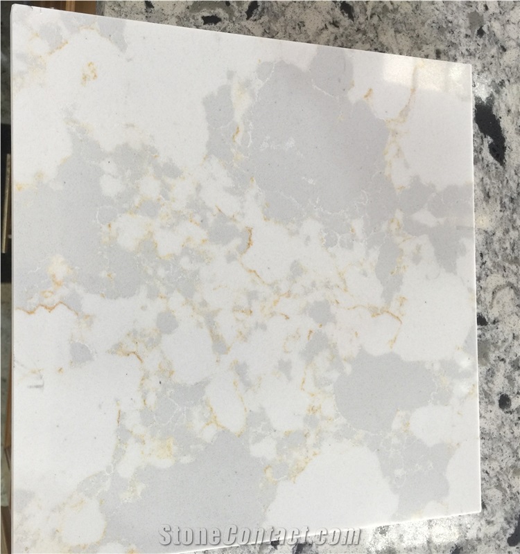 Artificial Quartz Stone Slab Marble Look White with Grey Spots and Gold Veined Lines for Luxurious Flooring