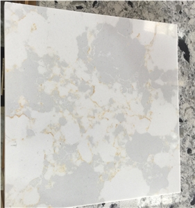 Artificial Quartz Stone Slab Marble Look White with Grey Spots and Gold Veined Lines for Luxurious Flooring