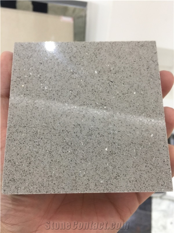 Stellar Glass Gray Artificial Quartz Stone Slab Polished Surfaces for Worktops and Floorings with Scratch Resistant and Stain Resistant Quality Guaranteed