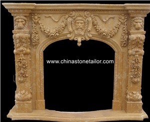 Yellow Marble Fireplace Mantel, Handcarved Flower Sculptured Fireplace