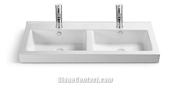 Ceramic Bathroom Double Bowl Sink Wash Hand Basin
