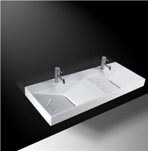 Wanbest Pure White Double Sink Acrylic Resin Counter Wash Basin