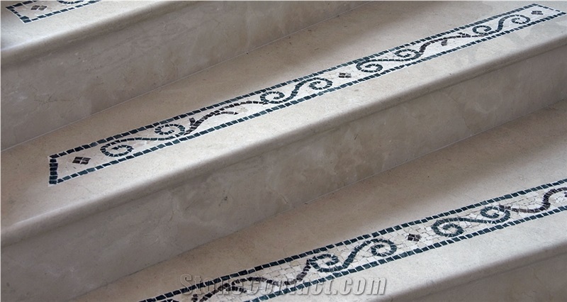 Crema Marfil Staircase with Mosaic in Steps