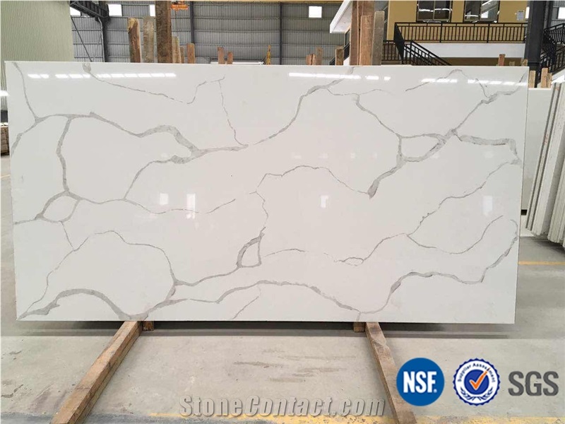 A Quality Calacatta White Marble Look Quartz Stone Solid Surfaces Polished Slabs & Tiles Engineered Stone Artificial Stone Slabs for Hotel Kitchen,Bathroom Walling Panel Customized Edges