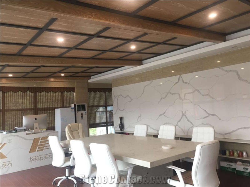 A Quality Calacatta White Marble Look Quartz Stone Solid Surfaces Polished Slabs & Tiles Engineered Stone Artificial Stone Slabs for Hotel Kitchen,Bathroom Walling Panel Customized Edges
