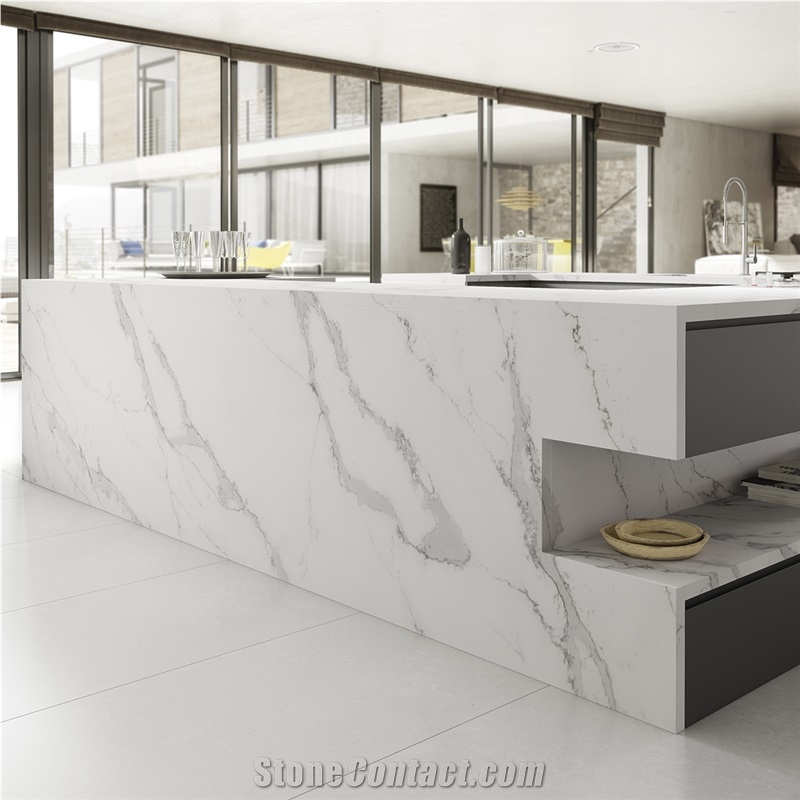 Calacatta White Marble Look Quartz Stone Solid Surfaces High Gloss Bath Top/Vanity Top/ Engineered Stone Artificial Stone Bathroom Tops for Hotel Bathroom Backsplash Walling Panel