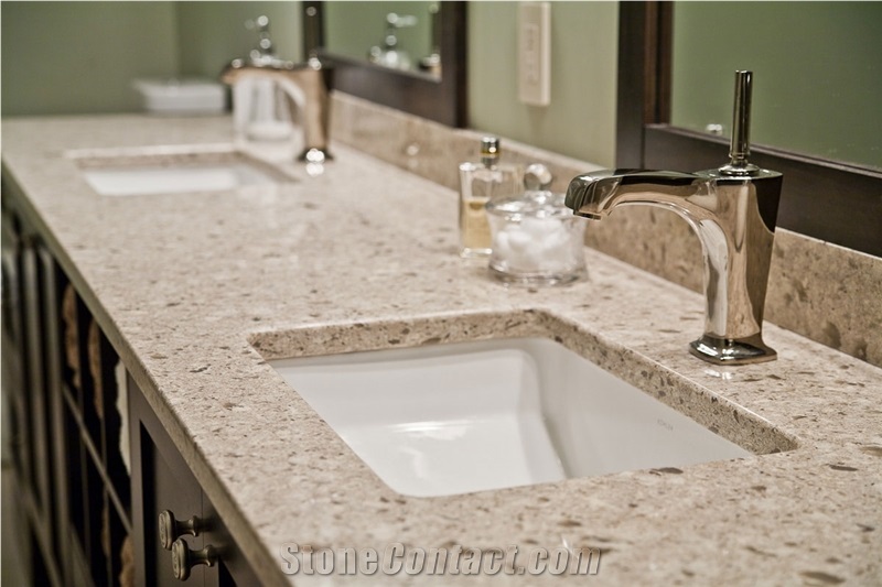 Cream Granite Look Quartz Stone Canity, Beige Granite Countertops Bathroom