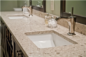 Cream Granite Look Quartz Stone Canity Top,Beige Engineered Stone Manmade Stone Bath Tops Customized Edges Solid Surface for Hotel Project