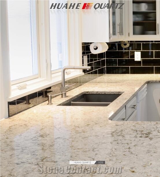 Manufacturer Artificial Quartz Stone Slabs & Tiles in Granite Look Design, Polished with Cusomized Edges and Colors Available-V09