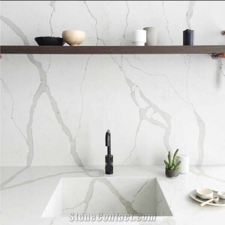 Manufacturer Bianco Calacatta Marble Look White Quartz Stone Kitchen Islands Top,Engineered Stone Silestone Kitchen Backsplash Wall Covering Customized Work Top,Countertop