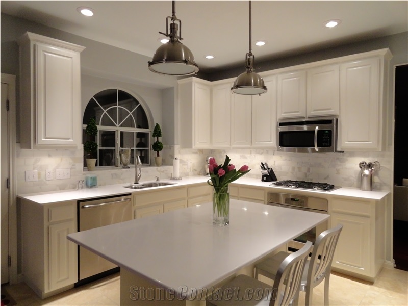 Pure White Quartz Stone Engineered Stone Kitchen Islands Tops/Snow White Silestone Kitchen Work Top Countertop Backsplash High Gloss