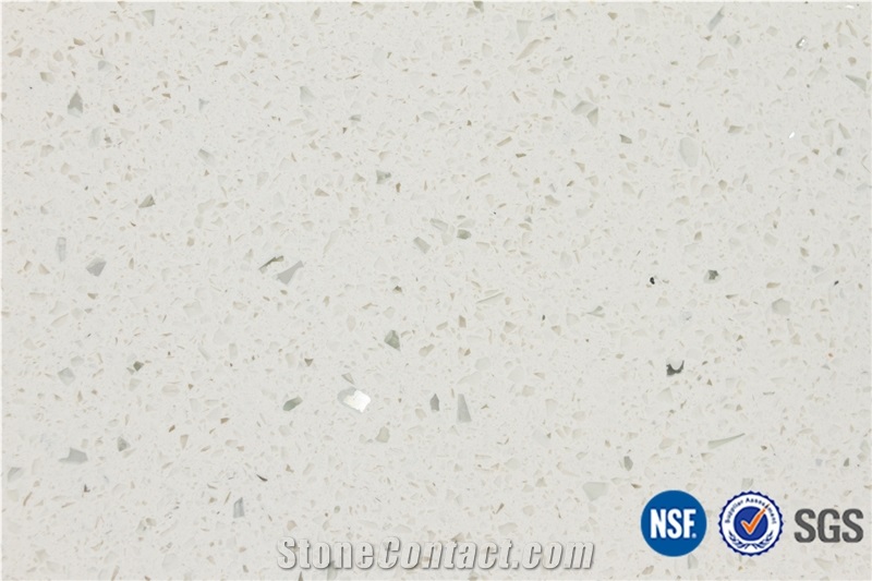 Solid Surface White Quartz Stone Tiles Slabs with Shinning Mirror Glass Spot /Engineered Stone Walling Tiles for Hotel Kitchen,Bathroom Flooring /China Artificial Stone-A04