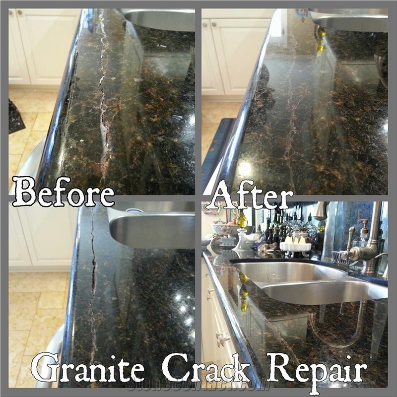 Repaired Crack in Polished Granite Kitchen Counter