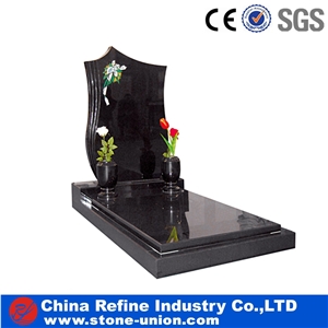 Black Granite European Style Headstone for Cemetery, Carving Single Tombstone Monument Design, Natural Stone Engraved Gravestone