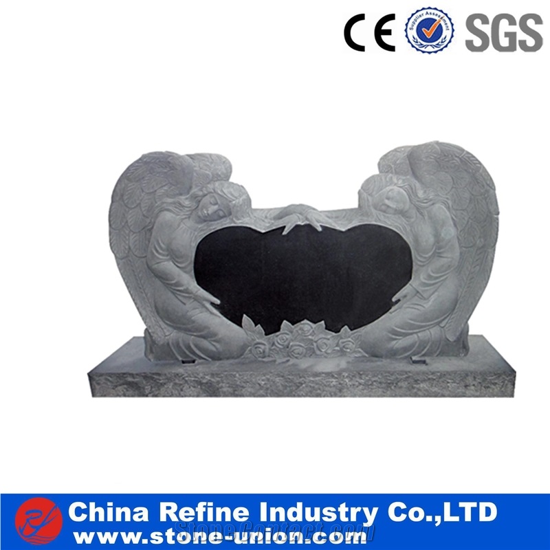 Black Polishing Granite European Style Headstone for Cemetery, Carving Single Tombstone Monument Design, Natural Stone Engraved
