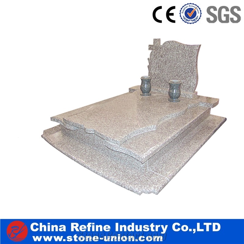 Gery Granite European Style Headstone for Cemetery, Carving Single Tombstone Monument Design, Natural Stone Engraved Gravestone