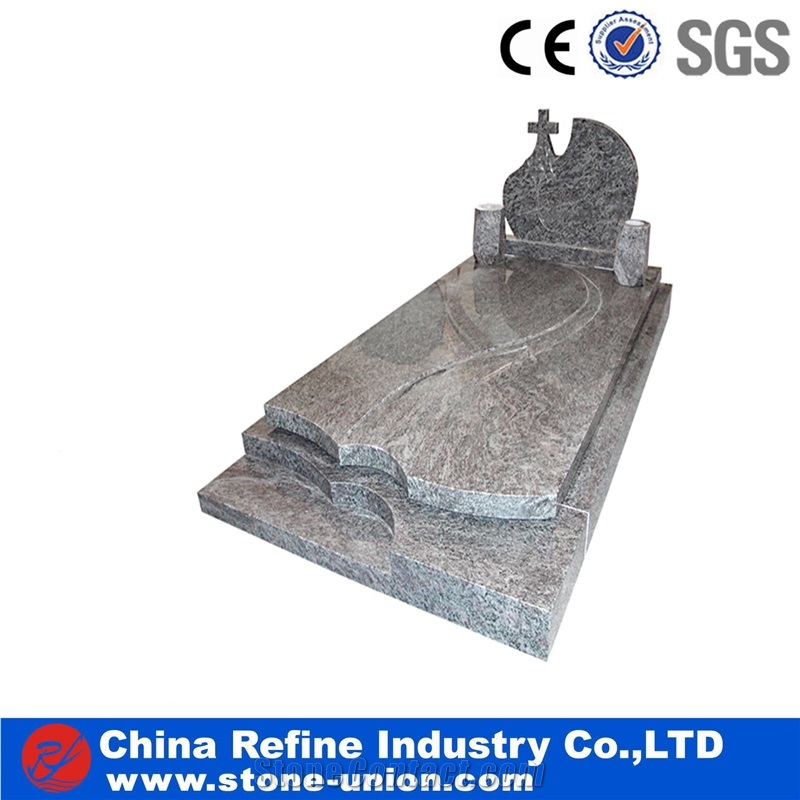 Grey Granite European Style Headstone for Cemetery, Carving Single Tombstone Monument Design, Natural Stone Engraved Gravestone