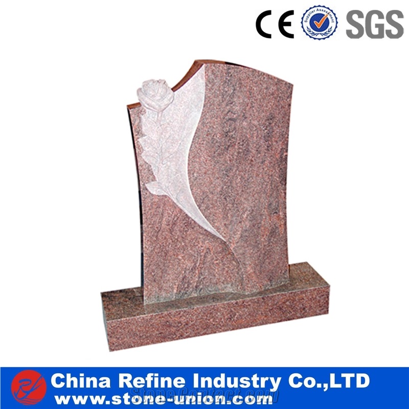 Pink Granite European Style Headstone for Cemetery, Carving Single Tombstone Monument Design, Natural Stone Engraved Gravestone
