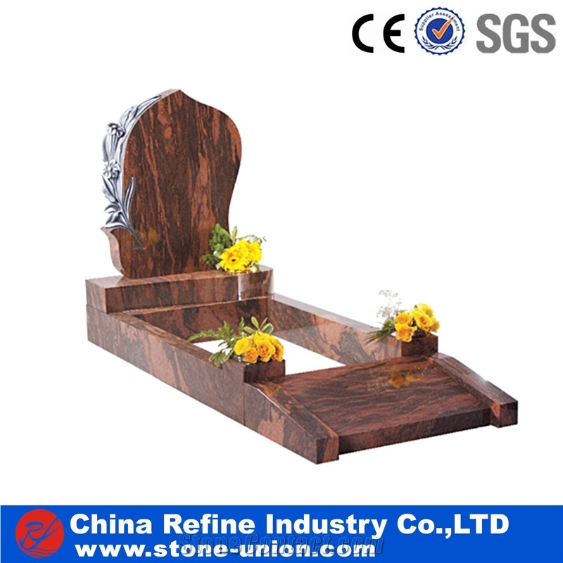 Red Granite European Style Headstone for Cemetery, Carving Single Tombstone Monument Design, Natural Stone Engraved Gravestone
