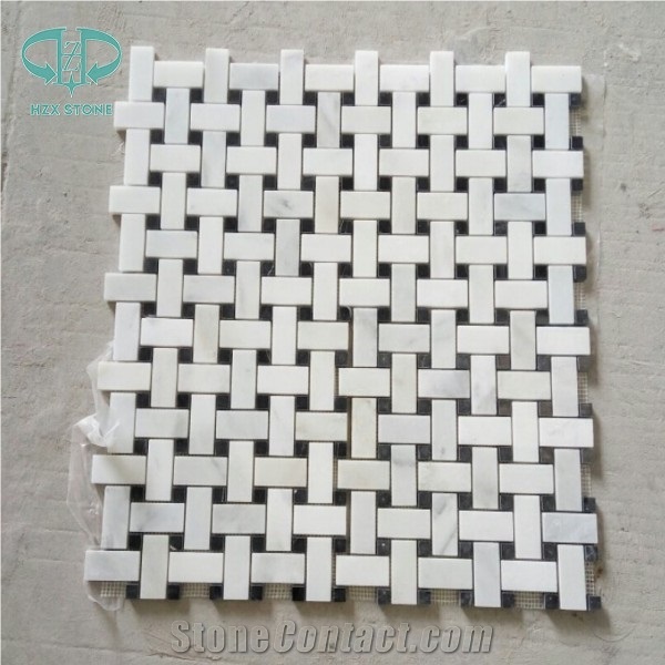 Basket-Wave White Marble Mosaic Tile,Polished Black & White Mosaic for Bathroom