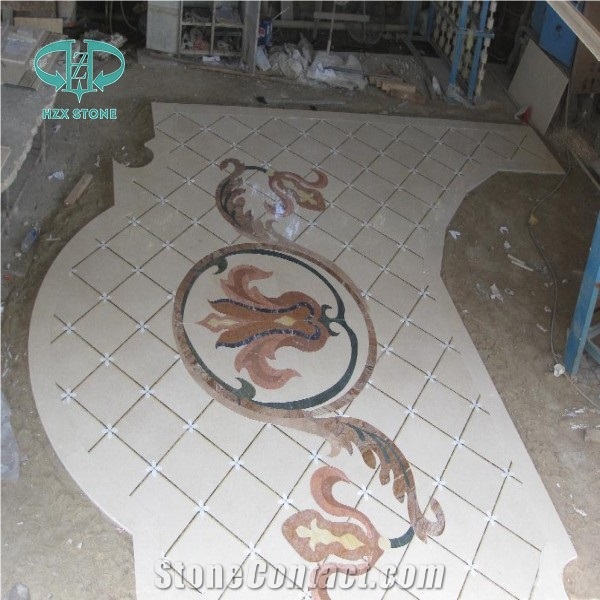 Big Project Waterjet Medallions, Luxury Restaurant Floor and Wall Use Marble Inlay Wall Tiles, Crema Marfil Marble Medallion