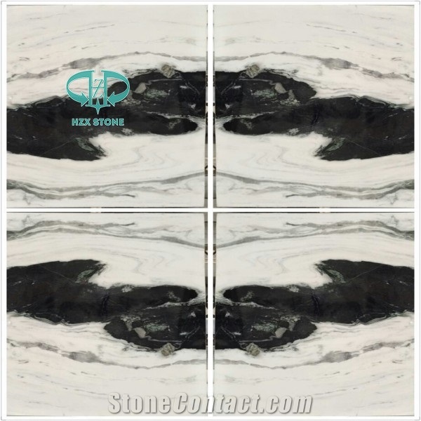 China Panda White Marble Polished Floor Covering Tiles, Walling Tiles, White Marble, Bookmatch Black and White Marble, Pattern