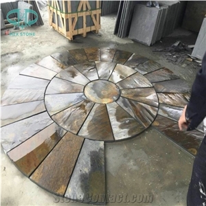 China Slate Circle Pattern Paving, Rustic Slate Floor Tiles, Black Slate Pattern Flooring, Rusty Slate Pattern for Garden, Multicolor Slate