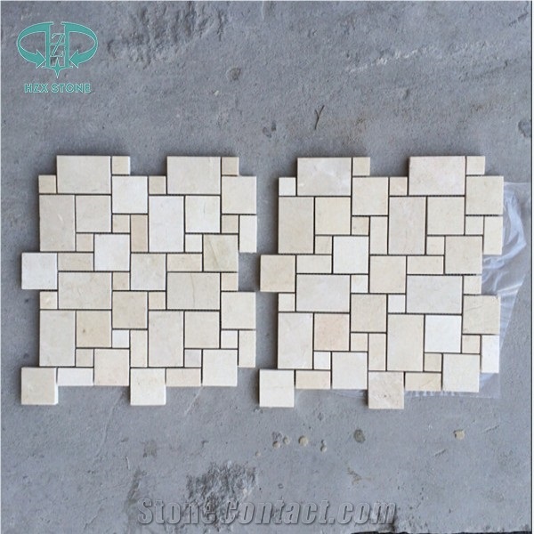 Cream Marfil Marble Mosaic, French Pattern Wall Mosaic, Beige Marble Mosaic Tile