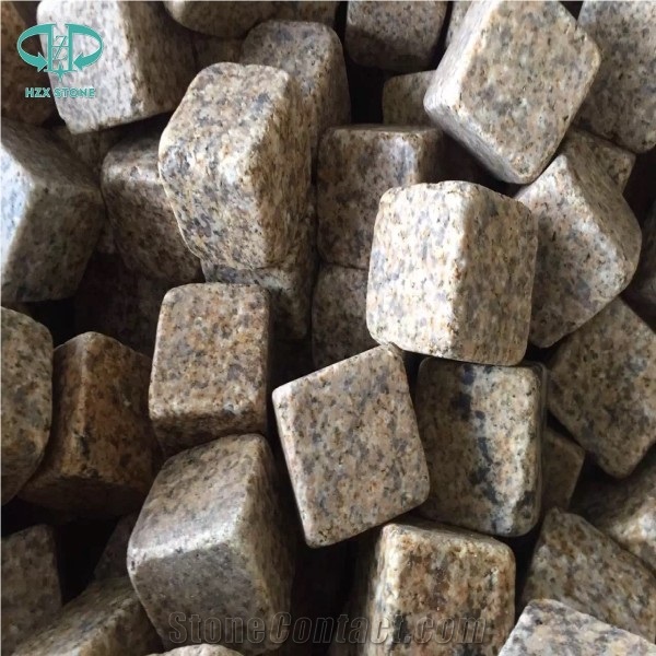 G682 Granite,Misty Rusty Yellow,Giallo Rusty, Desert Gold,Giallo Fantasia,Giallo Ming, Giallo Rustic, Gold Leaf China, Golden Peach, Padang Amarillo Tumbled Natural Flame Cube Paver Pattern Cubestone