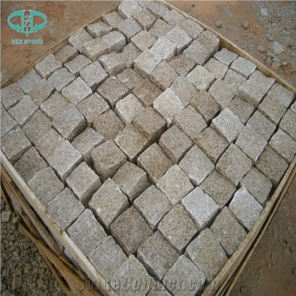 G682 Granite,Misty Rusty Yellow,Giallo Rusty, Desert Gold,Giallo Fantasia,Giallo Ming, Giallo Rustic, Gold Leaf China, Golden Peach, Padang Amarillo Tumbled Natural Flame Cube Paver Pattern Cubestone