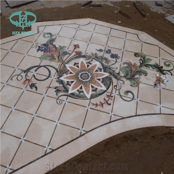 Marble Mosaic Art for Floor, Mosaic Stone Medallion, Bianco Carrrara and Emperador Dark Marble Medallion