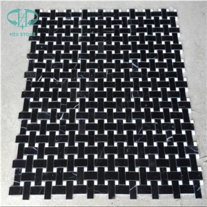 Nero Marquina Mosaic, Black Marble Mosaic, Basketweave Mosaic Tile for Floor and Wall