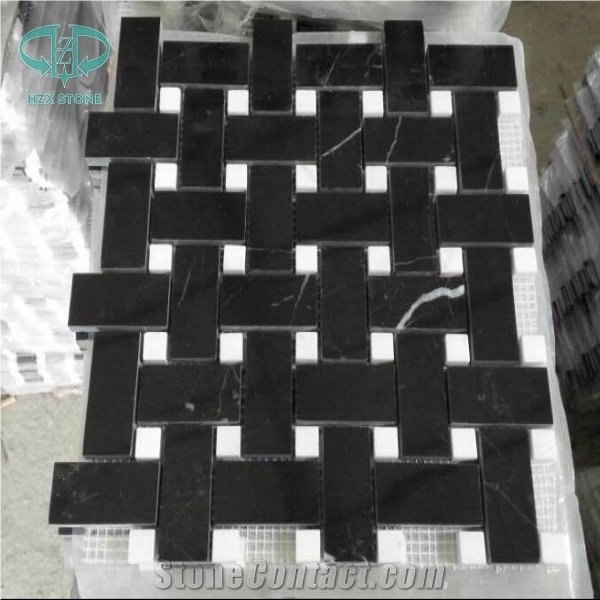 Nero Marquina Mosaic, Black Marble Mosaic, Basketweave Mosaic Tile for Floor and Wall