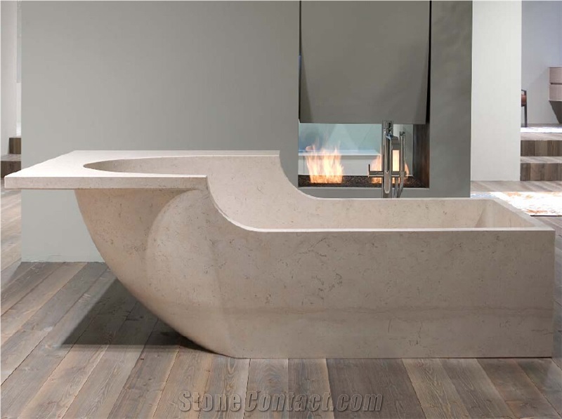 Luxury Cream Beige Marble Solid Surface Bathtubs For Home