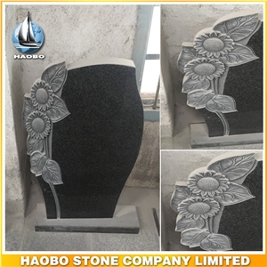 Hand Carved Black Upright Granite Carved Lily Headstone