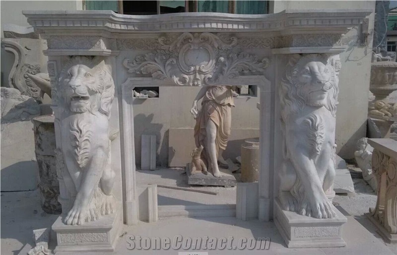 China Hunan White Marble Handcarved Fireplace with Lions Statue