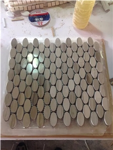 Oval Shape Design Wooden Marble Mosaic Tiles on Mesh