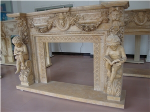 Traditional Style Beige Limestone Fireplace Insert with Reading Boys Sculpture