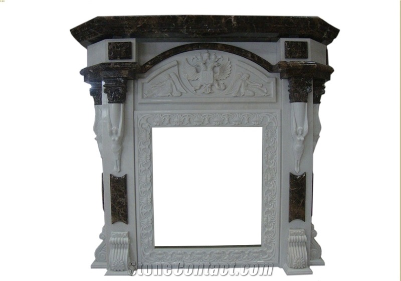 White Marble and Emperador Dark Marble Fireplace Mantel Design