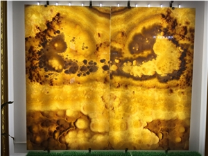Light Translucent Yellow Onyx Book Matching Wall Panels,Lobby Design Miel Onyx Pattern