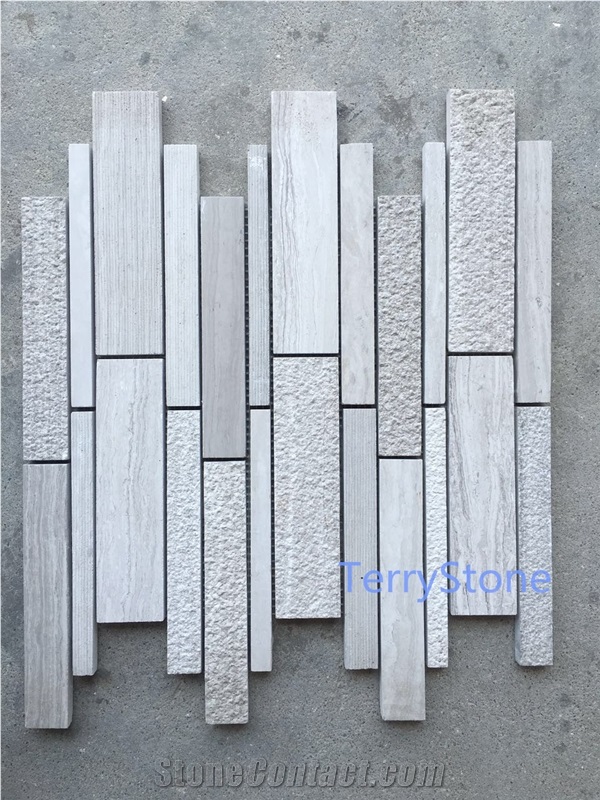 Beige Linear Strips Polished Wooden White Granite Mosaic,China Interior Stone/Slate Tiles for Wall Cover