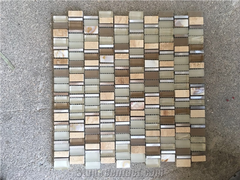 China High Quality Wooden White,Beige Trevertine/Shell /Aluminium/Quartz/Gold Glass Mix Marble Mosaic for Wall Cover