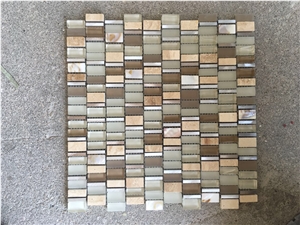 China High Quality Wooden White,Beige Trevertine/Shell /Aluminium/Quartz/Gold Glass Mix Marble Mosaic for Wall Cover
