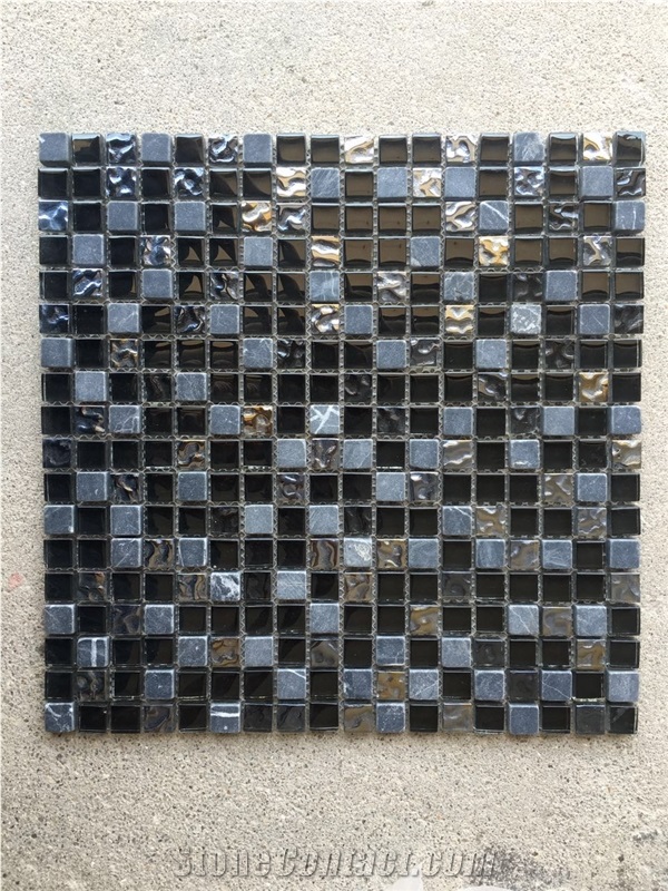 China Nero Marquina Marble with Glass Mosaic, Black Color Stone Mosaic Tile, Marble Mosaic for Wall & Flooring