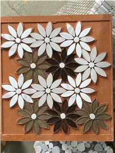 China New Design Pure White & Wooden Grey Polished Flower Shape Marble Mosaic Tiles ,Crystal White & Dark Wood Grey Popular Wall Mosaic