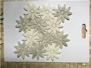China New Design Pure White & Wooden Grey Polished Flower Shape Marble Mosaic Tiles ,Crystal White & Dark Wood Grey Popular Wall Mosaic