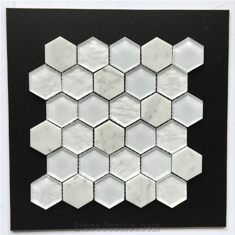 Hexagon Shape Super White Carrara White Mosaic Tile,Cream Color Wooden White Glass Wall Mosaic
