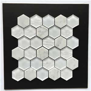 Hexagon Shape Super White Carrara White Mosaic Tile,Cream Color Wooden White Glass Wall Mosaic