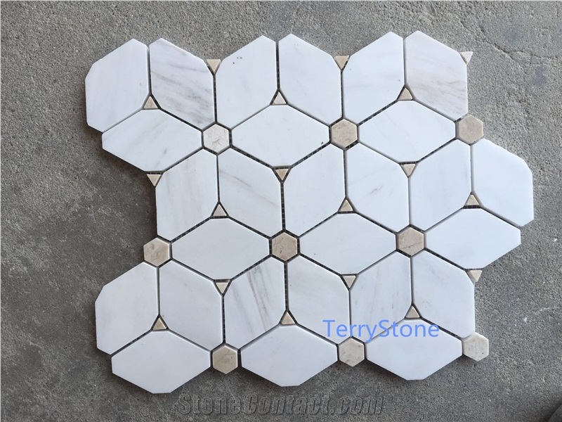 Polished Marble Mosaic Tiles with Pattern, Beige/Italy Carrara White,China Interior Stone Mosaic,Special Shape Mosaic for Wall Cover