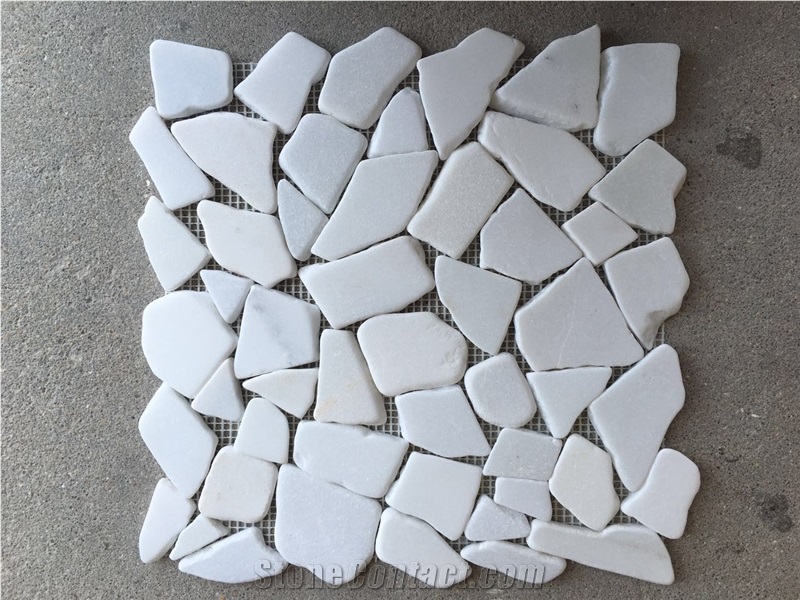 White Marble Stone, Nero Marquina, Crema Marfil Marble Chipped Mosaic Tile, Flooring Irregular Shape Nice Design Pattern